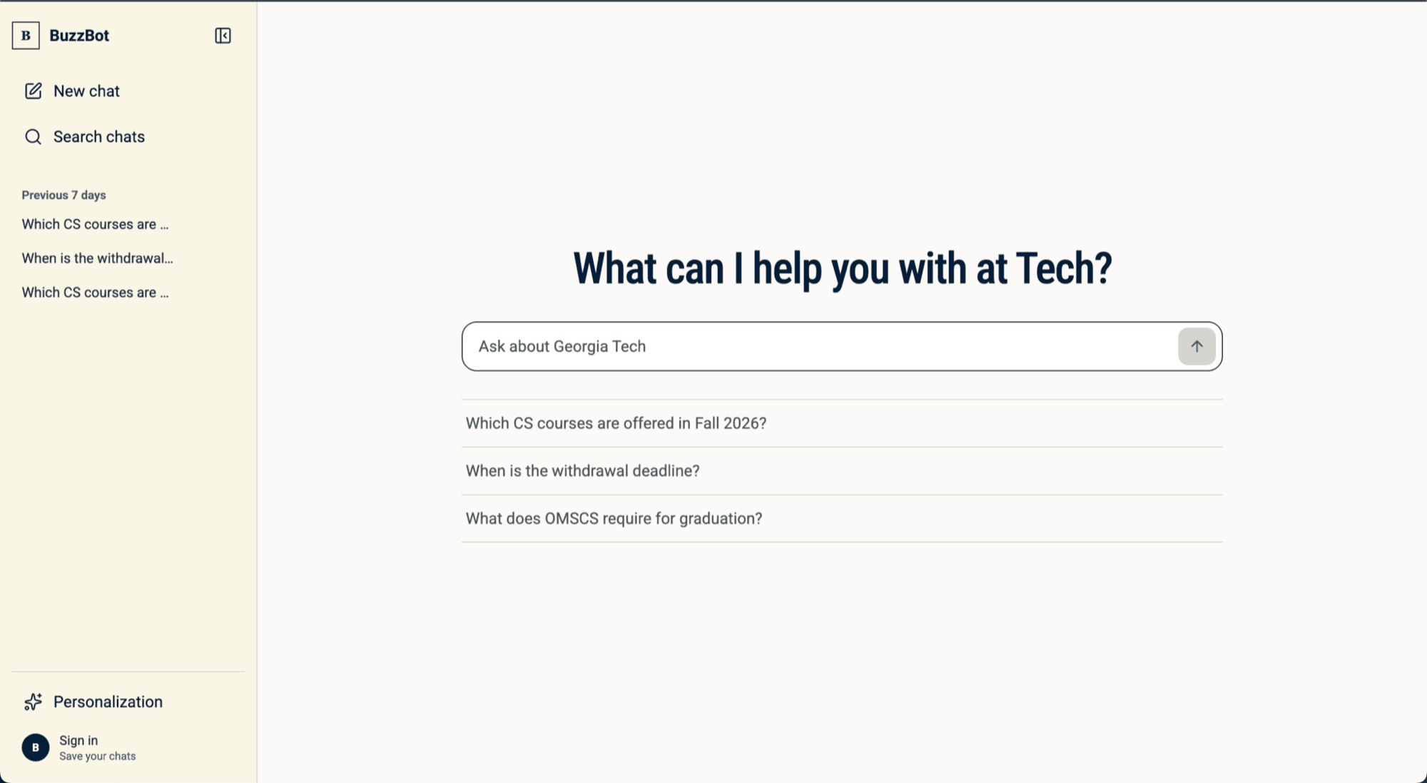Georgia Tech 질문 예시와 입력창이 보이는 BuzzBot 시작 화면
