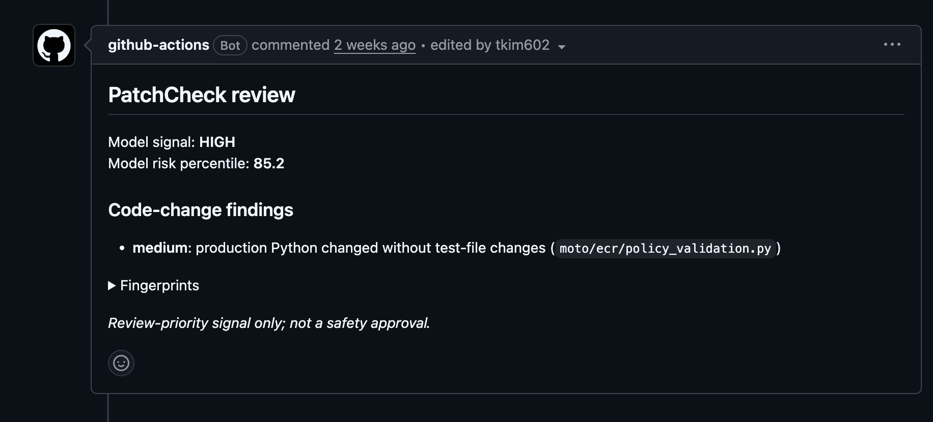 PatchCheck가 moto PR의 모델 신호를 HIGH로 표시한 GitHub Actions 댓글
