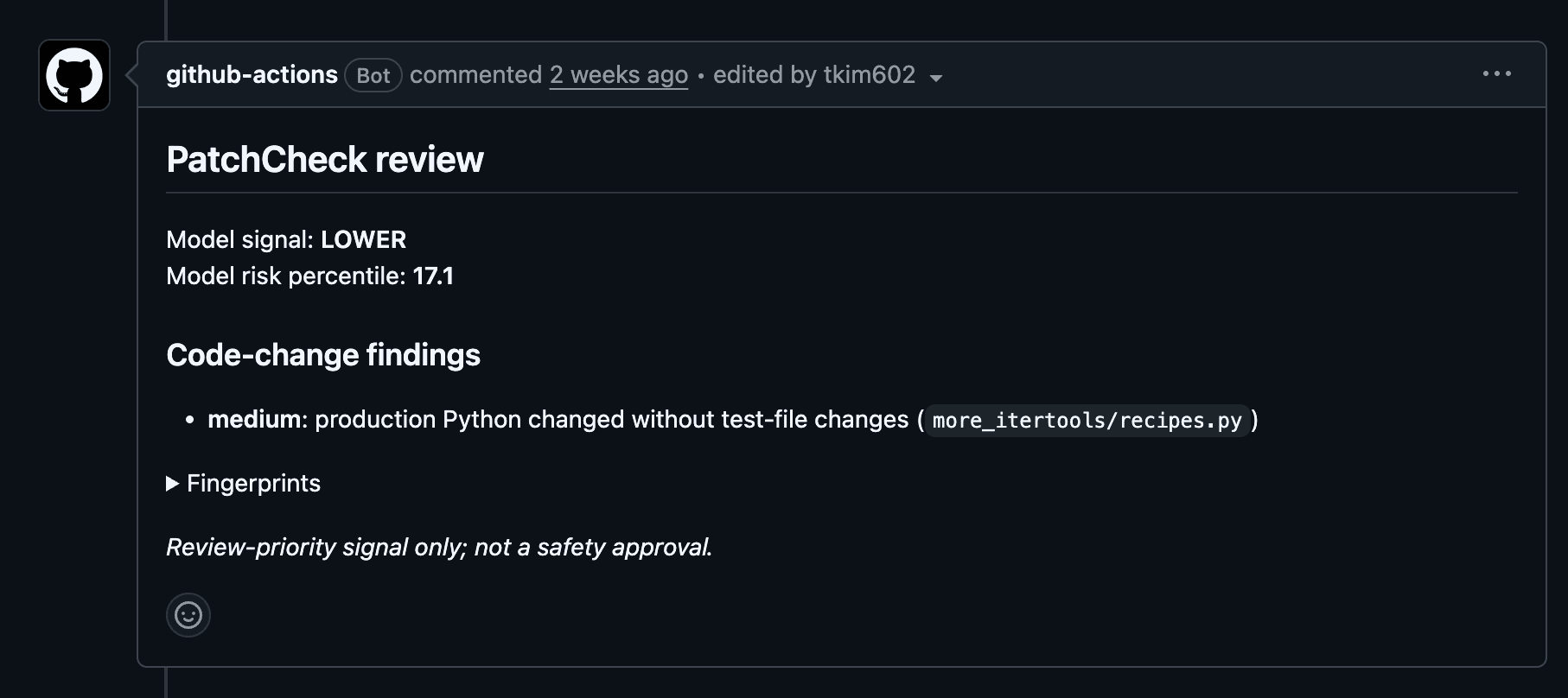 PatchCheck가 more-itertools PR을 LOWER 우선순위로 분류한 GitHub Actions 댓글